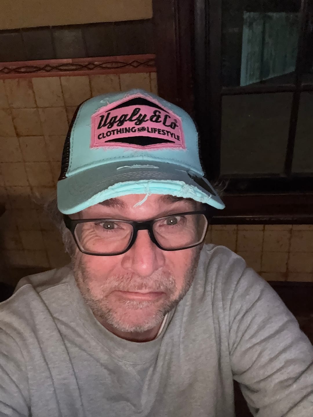 Customer photo review of Blue & Pastel Pink Diamond Trucker Hat