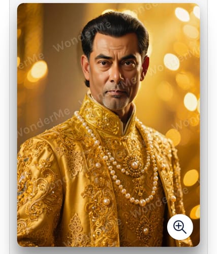 Customer's 'The Majestic King' portrait showing a man in an ornate, golden jacket adorned with pearls.