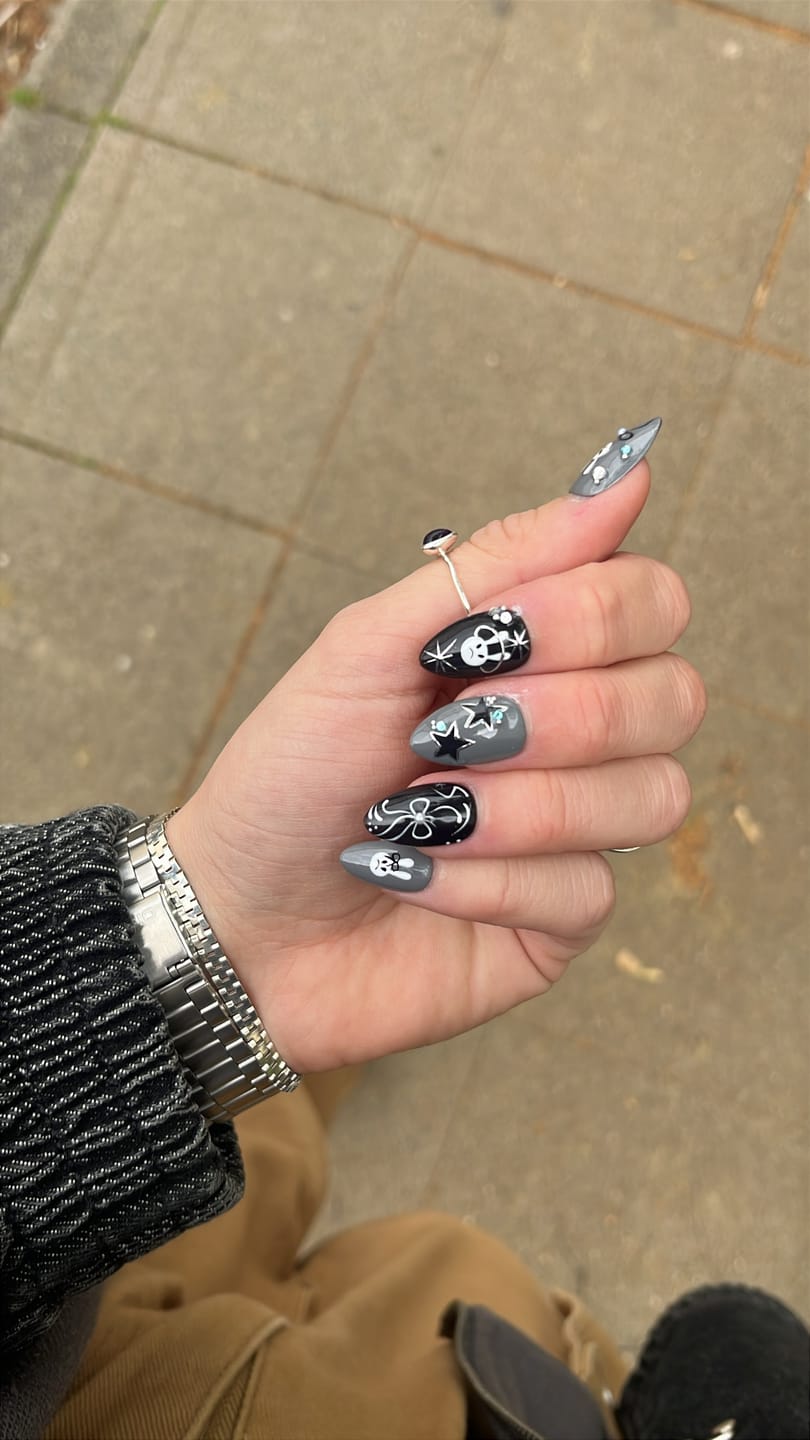Customer photo review of Grey Black Bunny Press-On Nails, Gothic Cute Fake Nails with Stars and Sad Rabbit Art