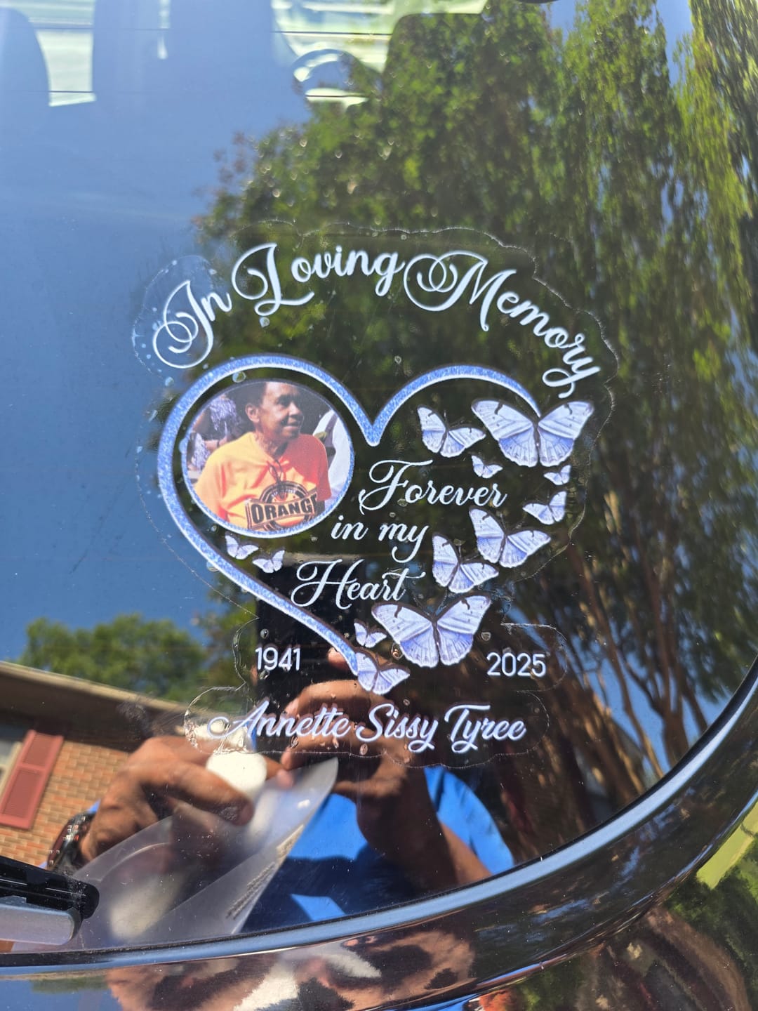 Customer photo review of In Loving Memory Sparkling Heart Memorial Butterflies Personalized Decal