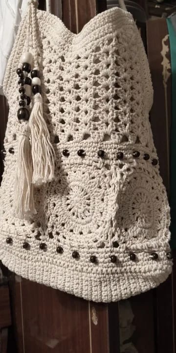 Customer photo review of Boho Crochet Tote Bag with Bead Fringe and Adjustable Straps