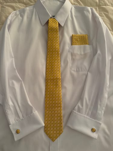 Customer photo review of Ties2you Pineapple Yellow Tie Blue Dots Necktie Hanky Cufflinks Set