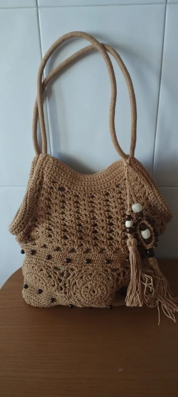 Customer photo review of Boho Crochet Tote Bag with Bead Fringe and Adjustable Straps
