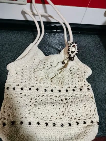 Customer photo review of Boho Crochet Tote Bag with Bead Fringe and Adjustable Straps
