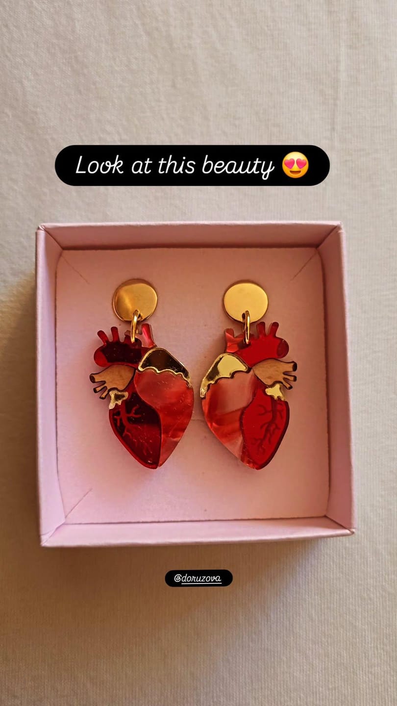 Customer photo review of Anatomical Heart Earrings - red