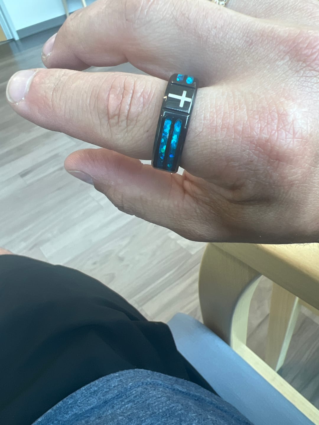 Customer photo review of FREE Today: Modern Titanium Steel Cross Ring with Laser Blue Inlay: Serenity in Christ's Blue Light