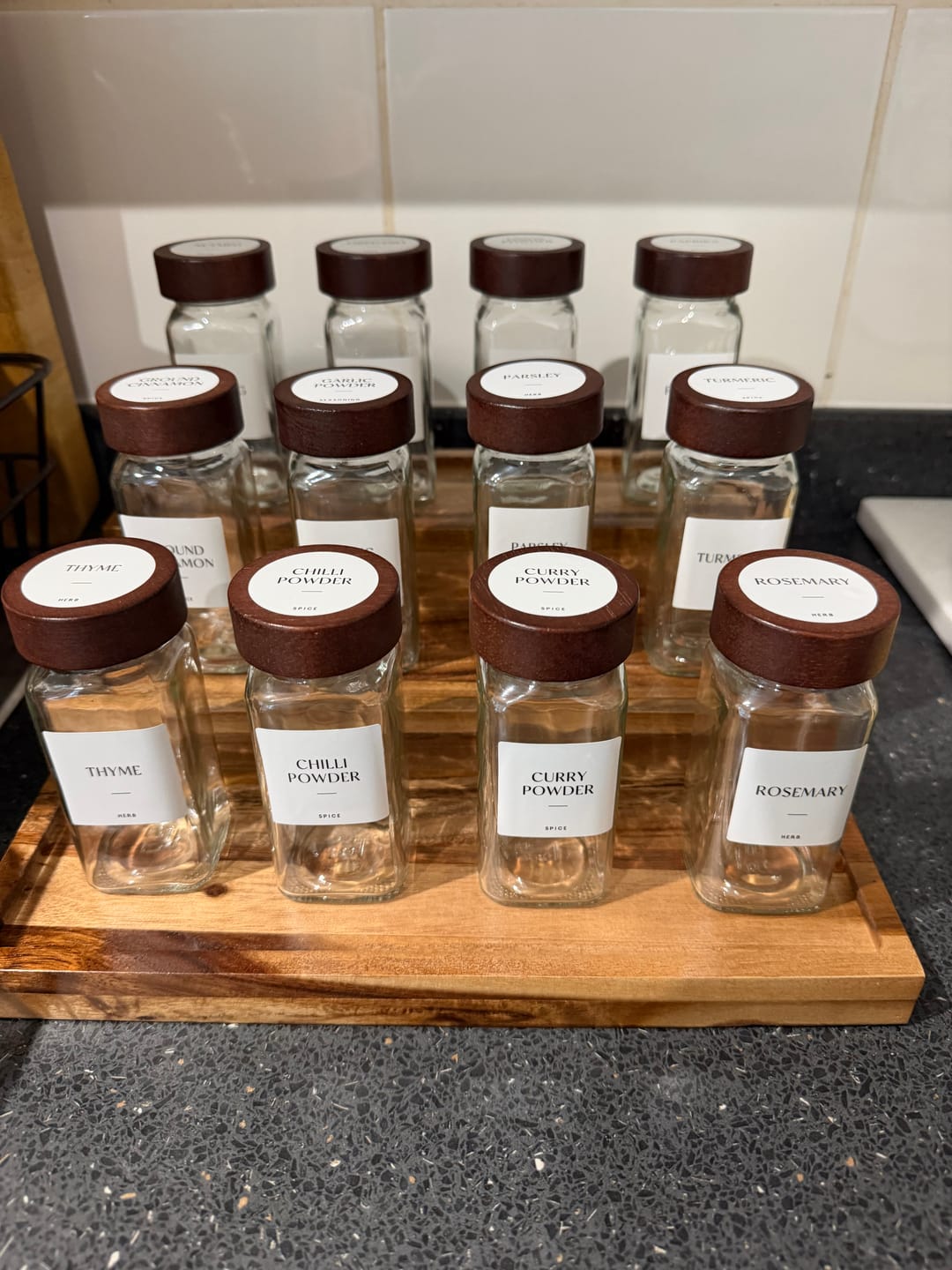 Customer photo review of Set of 12 120ML Glass Spice Jar with Acacia Lid