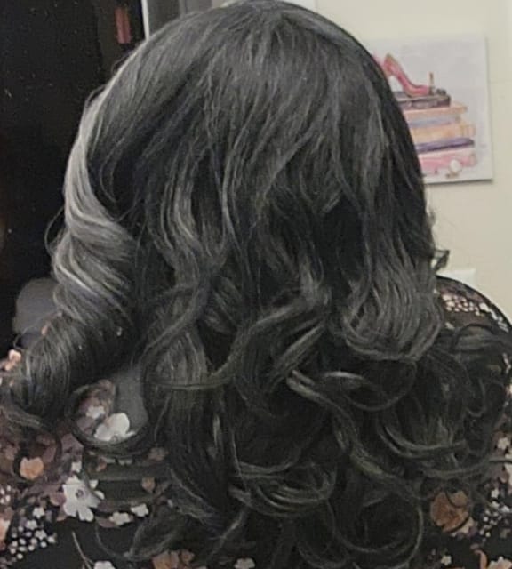Customer photo review of Luvwin  Salt And Pepper Kinky Wave More Pepper With Salt  Glueless Wig For Mature Women