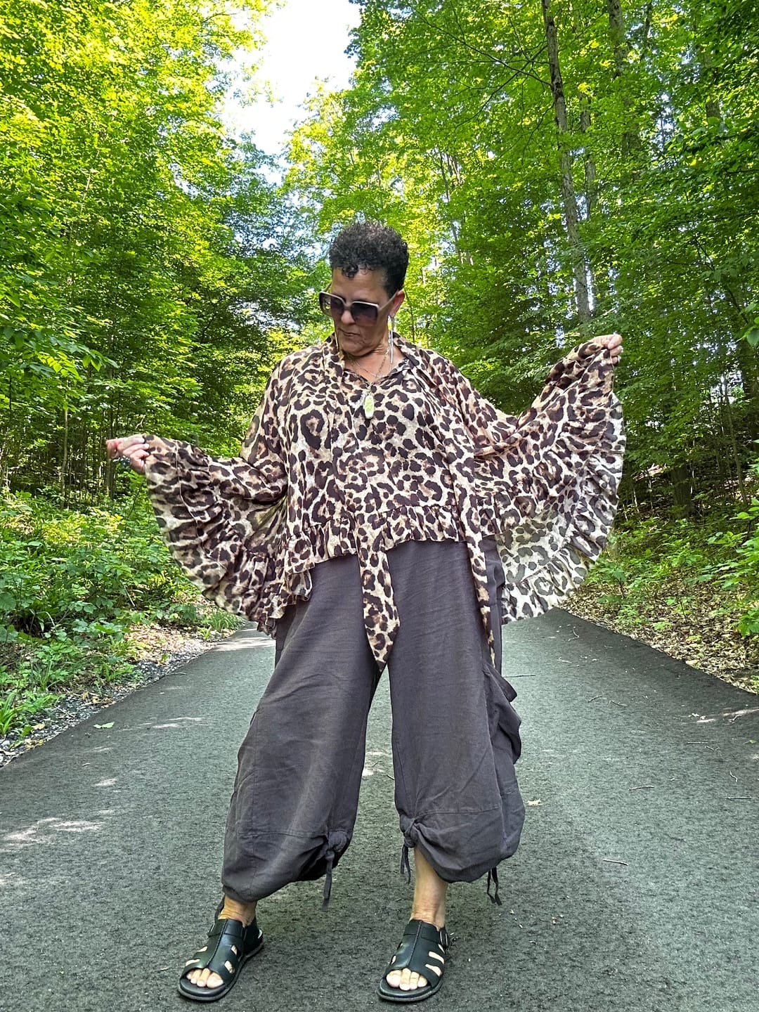 Customer photo review of Leopard Print Sheer Chiffon Blouse With Tie Neckline & Ruffled Hem