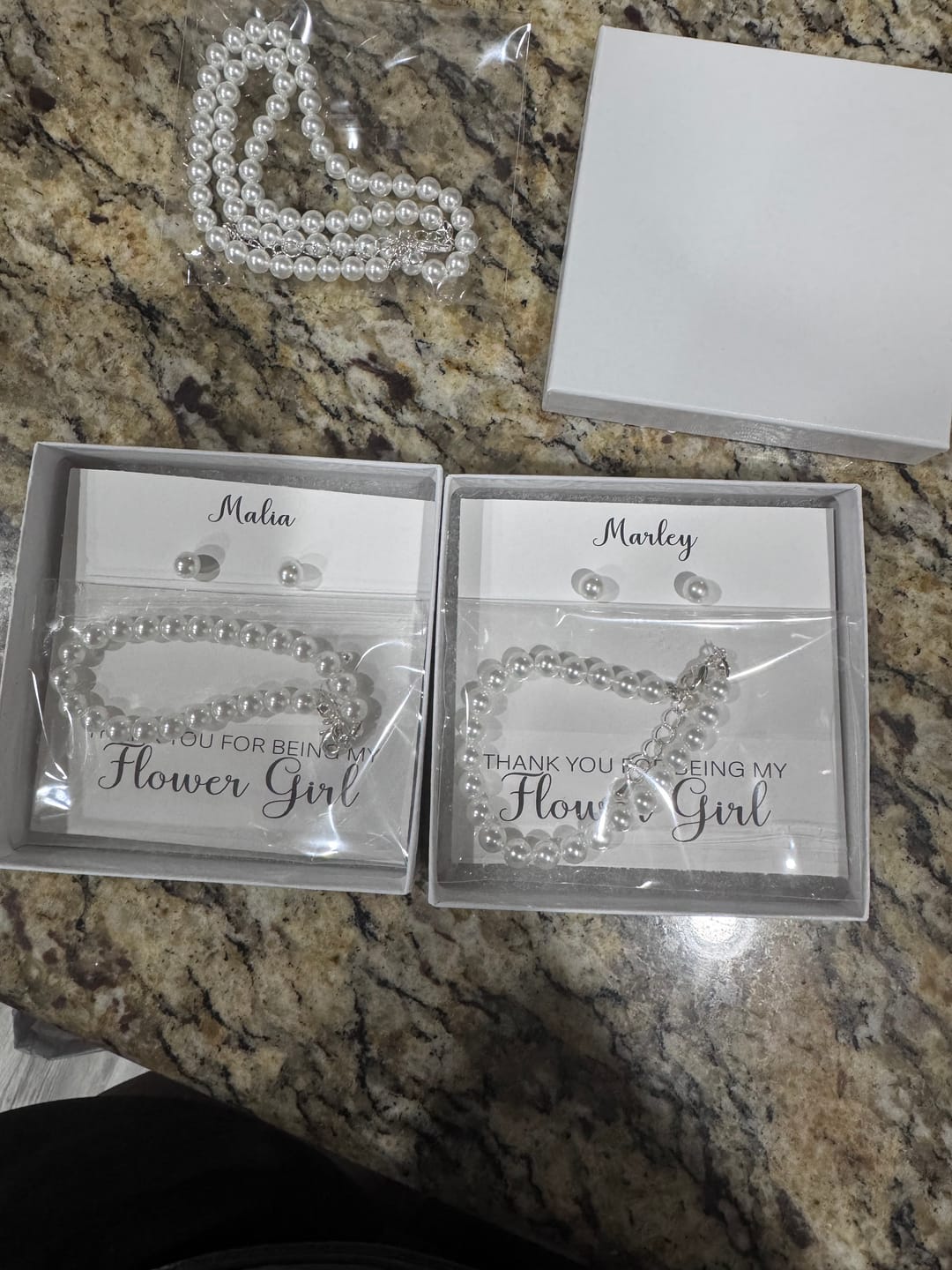 Customer photo review of Classic Children’s Pearl Jewelry Set – Flower Girl Necklace & Earrings Set