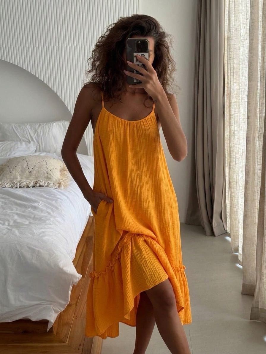 Customer photo review of MALVA Spanish Muslin Midi Cami Dress Saffron Orange
