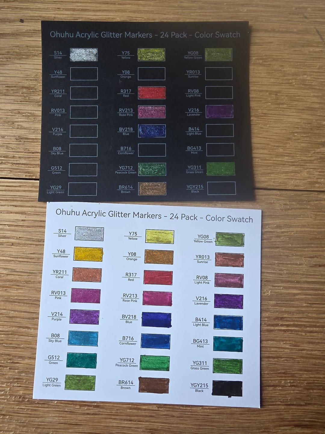 Customer photo review of Ohuhu Acrylic Metallic Glitter Markers, 24 Colors - 0.7mm & 3mm Tip Paint Pens