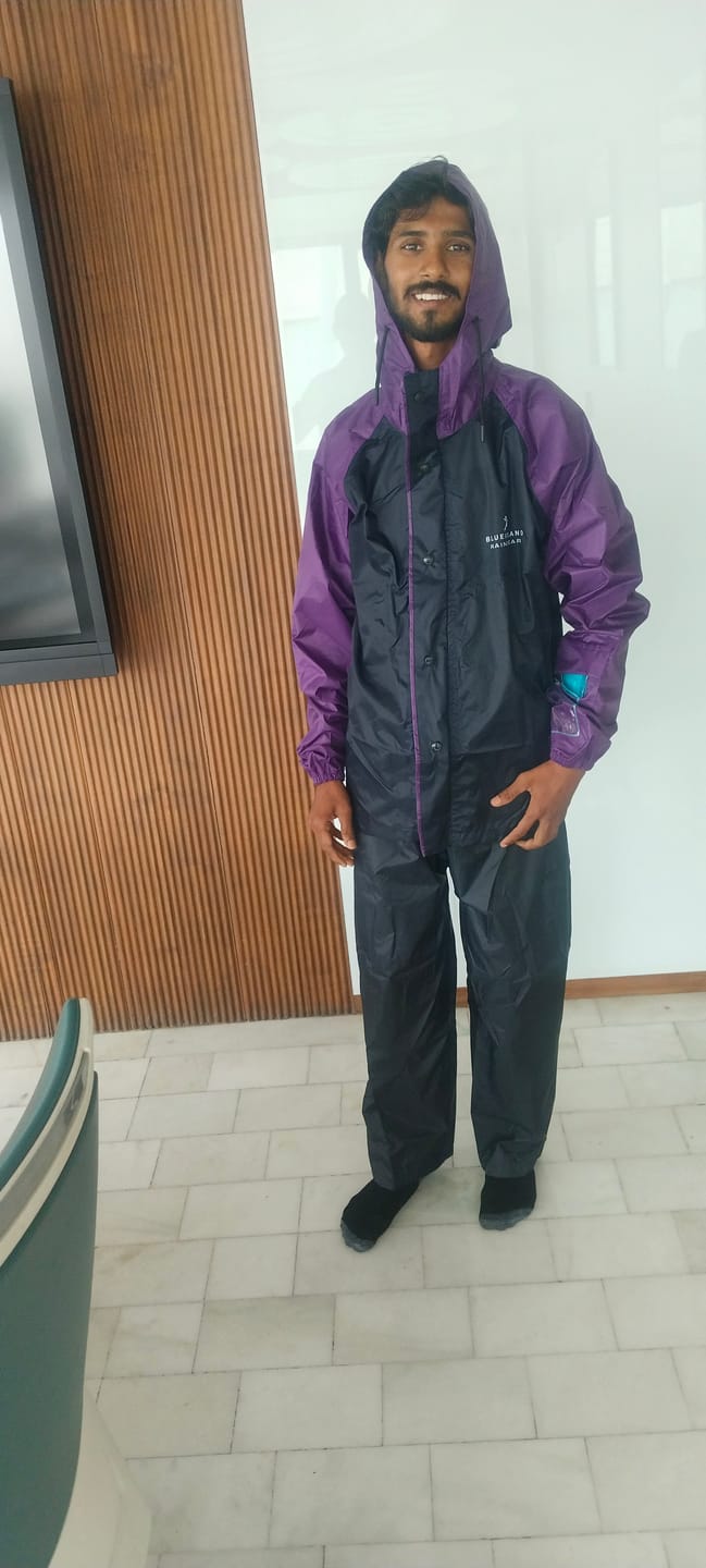 Customer photo review of Navy Blue with Violet - Rain Jacket with Pant and Mobile Pouch