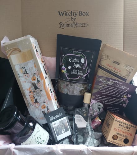 Rezensent zeigt die geöffnete Witchy Box mit einer vielfältigen Auswahl an thematischen Produkten.