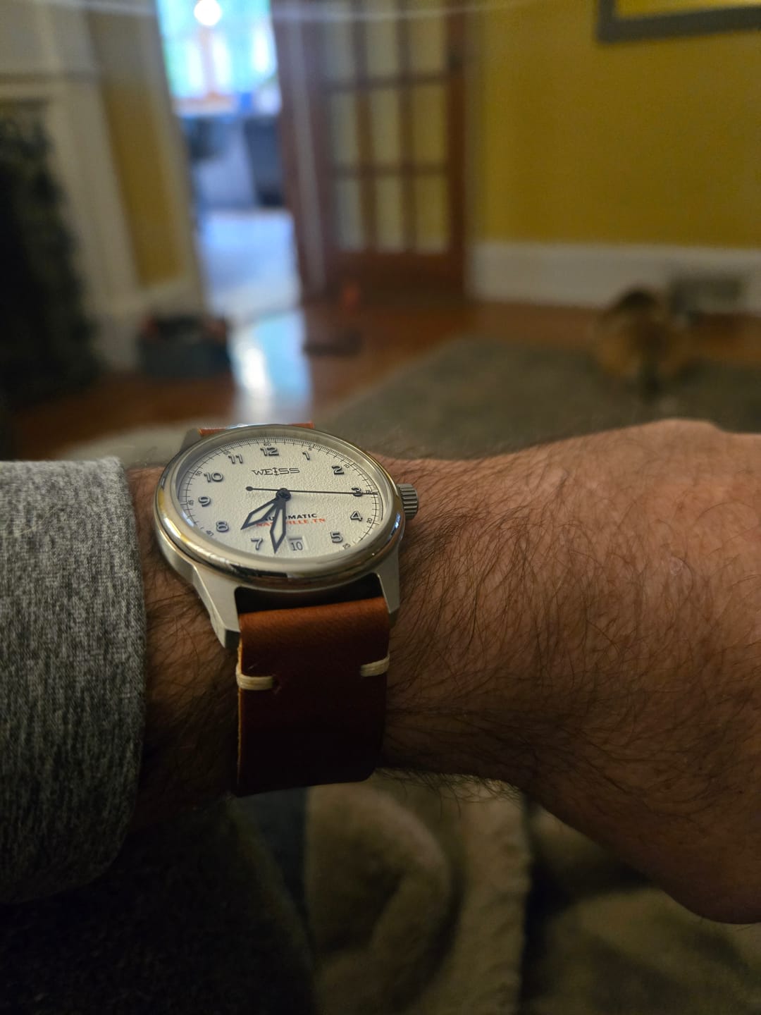 Customer photo review of Horween English Tan Hatch Leather Watch Strap, Natural Thread