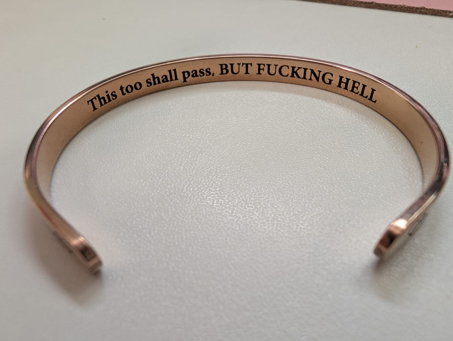 Customer photo review of This Too Shall Pass Hidden Message Cuff Bracelet