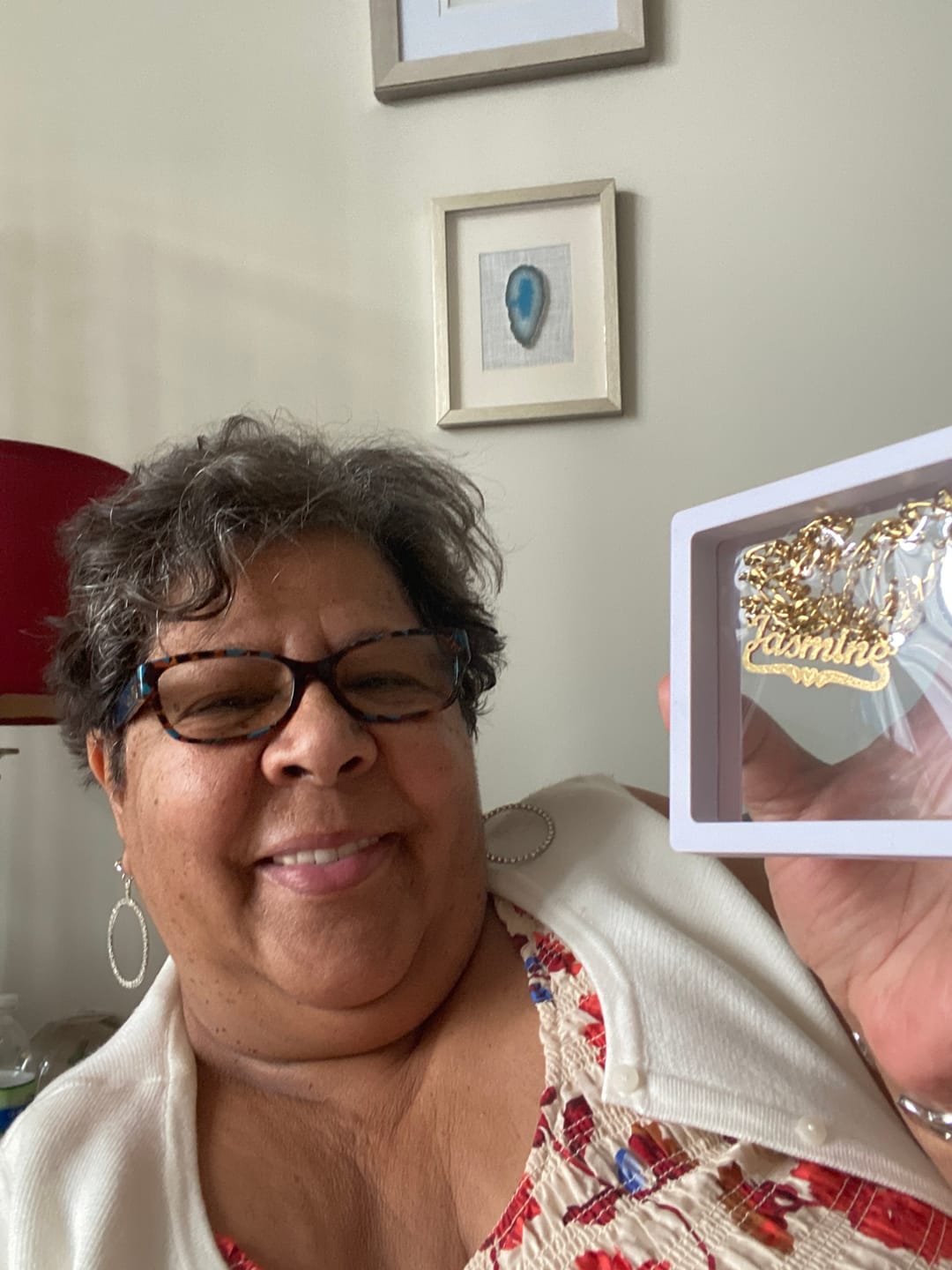 Customer photo review of Heart Outline Bamboo Name Hoop Earrings
