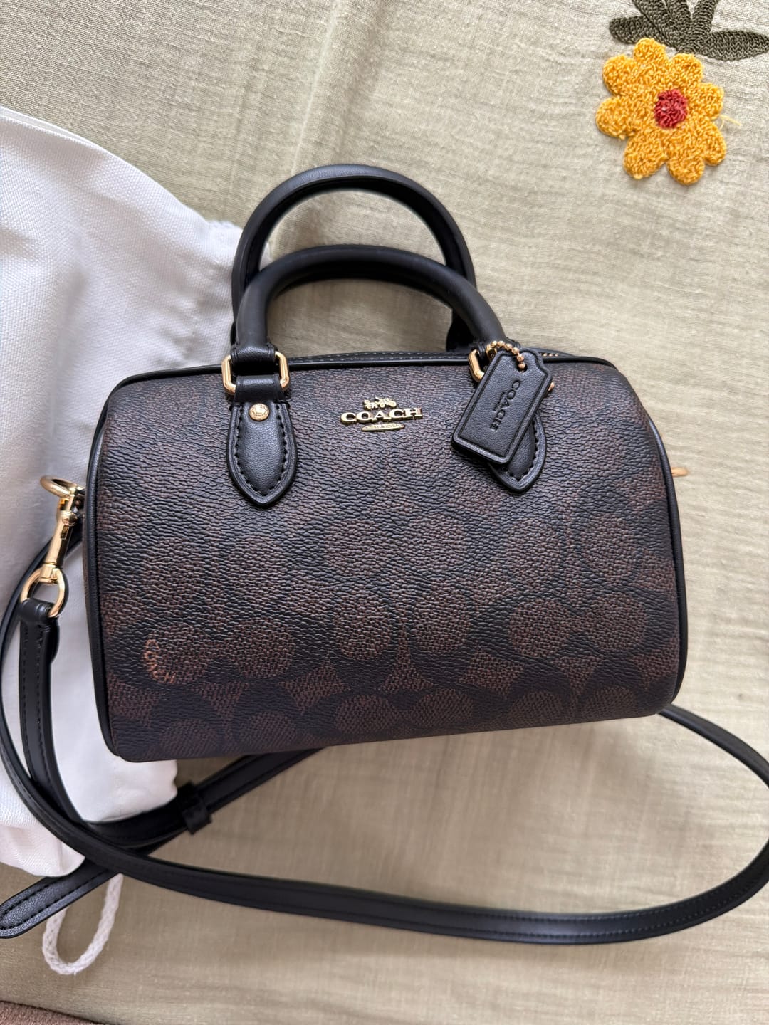 Customer photo review of Coach Women's Mini Rowan Crossbody Bag In Signature Canvas Gold/Walnut/Black