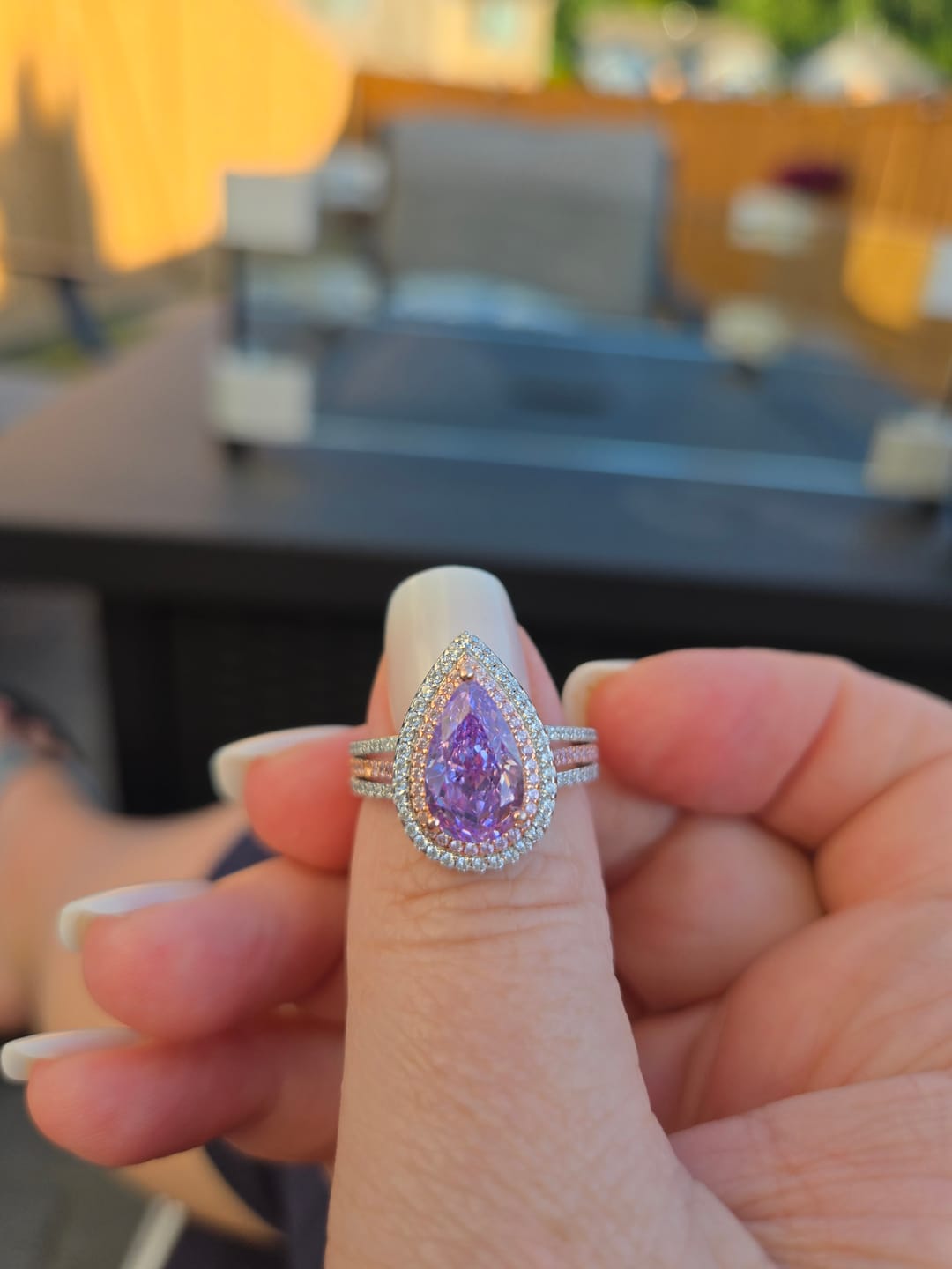 Customer photo review of Louily Luxurious Double Halo Pear Cut Aquamarine Blue/Purple Engagement Ring In Sterling Silver