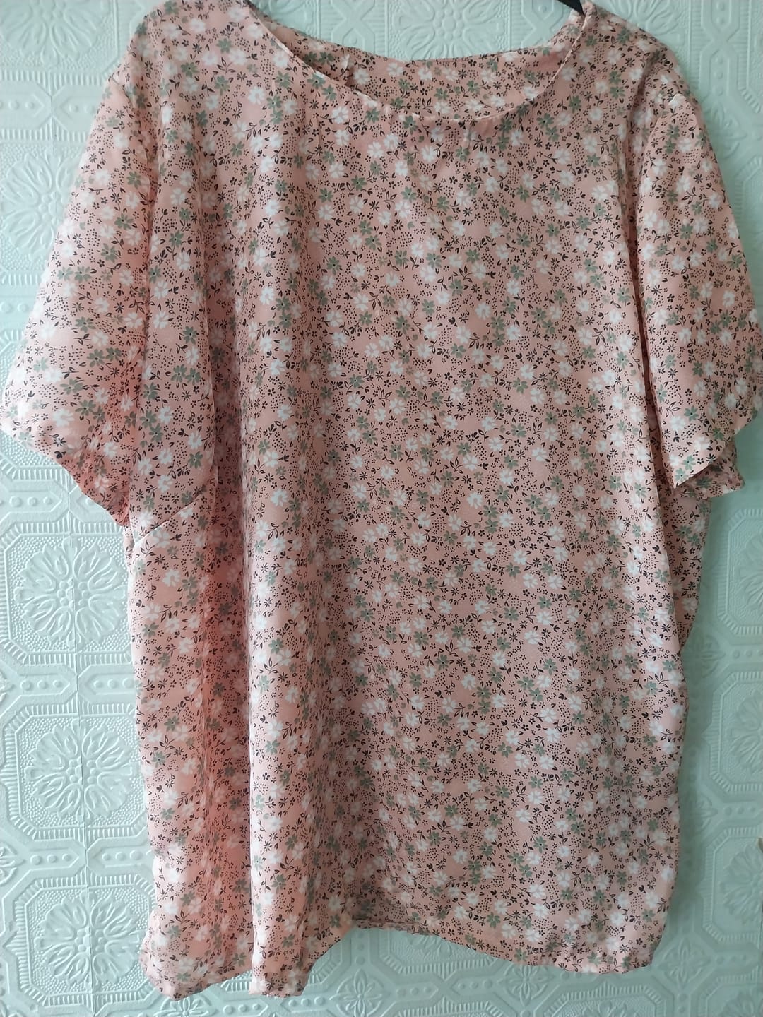 Customer photo review of Khaki and White on Peach Crepe Fabric