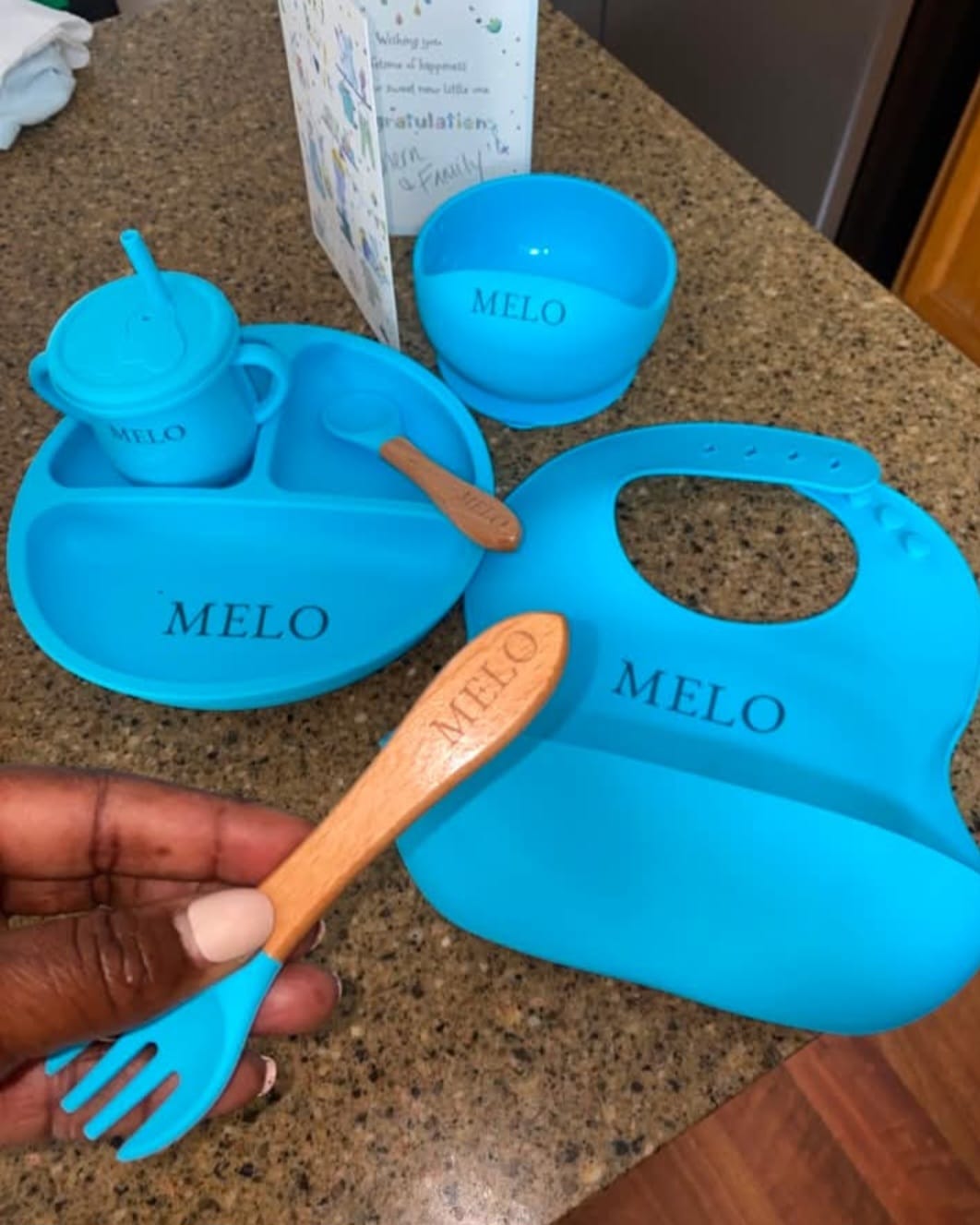 Customer photo review of Noah + Nori™ Personalized Baby Feeding Set