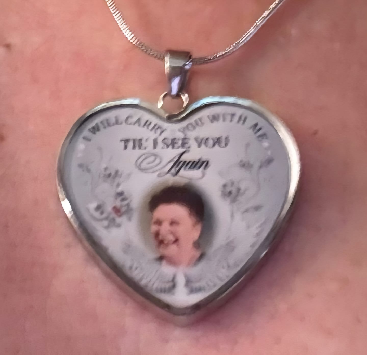 Customer photo review of Custom Photo Memorial Necklace/Keychain "I Will Carry You With Me” - N001