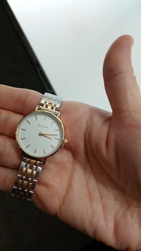 Customer holding the Ruby Petite Gold Silver watch in their palm, showing the two-tone band.