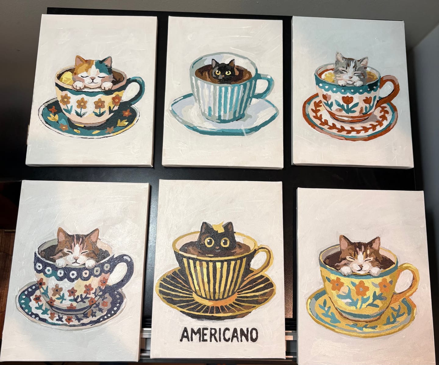 Customer photo review of 6 Mini Paintings - Cats in Cups Set