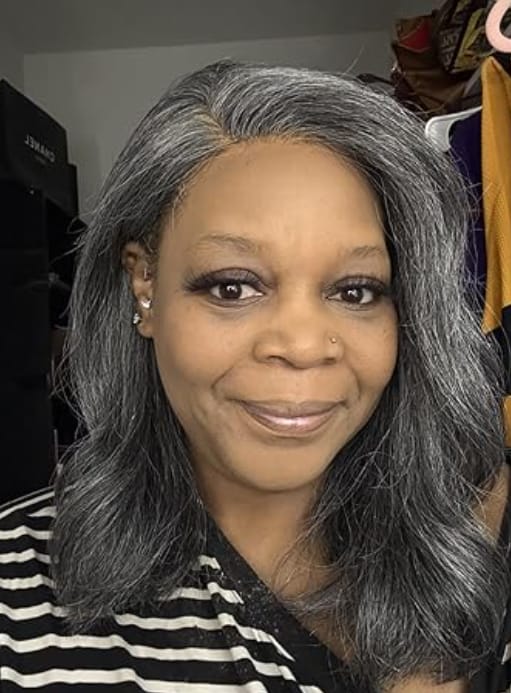 Customer photo review of Luvwin Kinky Straight Wavy Layered Style Gray Color Salt And Pepper Hair 5x5 Closure Wig