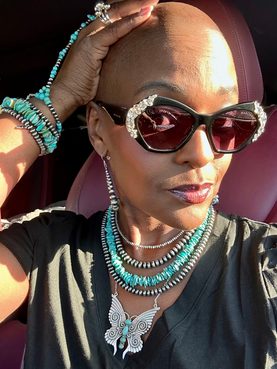 Customer photo review of Handmade Sterling Silver Kingman Turquoise Beaded Hand Harness Leslie’s favorite