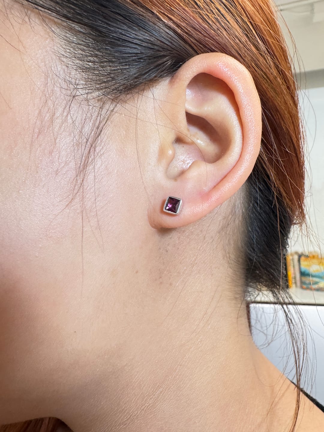 Customer photo review of Garnet Square Studs