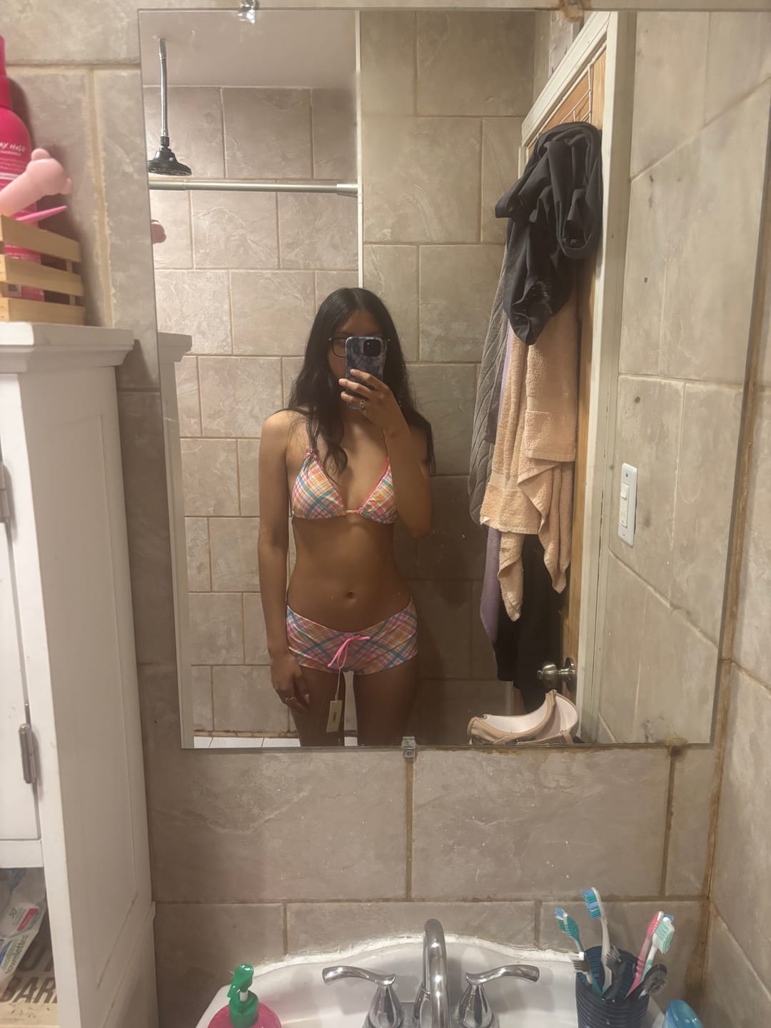 Customer photo review of Seamolly 3 Piece Plaid Lace Bowknot Halter Triangle Cheeky Boyshort Bikini Set