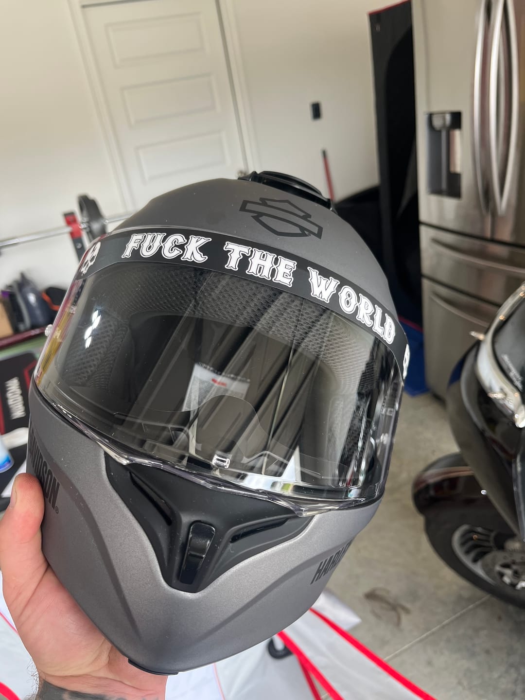 Customer photo review of FUCK THE WORLD HELMET VISOR