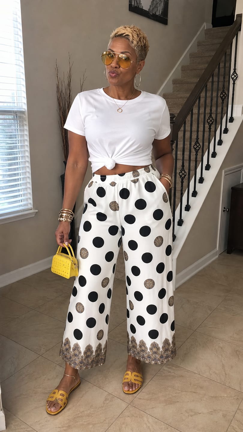 Customer photo review of High Waisted Wide Leg Contrast Color Elasticity Pockets Polka-Dot Printed Ninth Pants