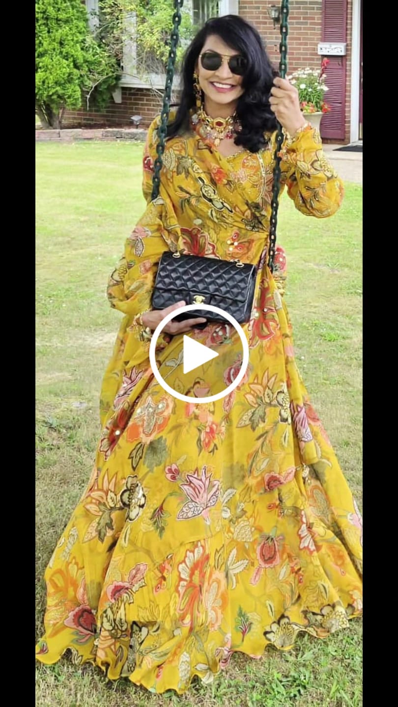 Customer video review of Mustard Meadow Floral Anarkali Couture Ensemble
