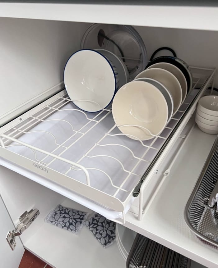 Customer photo review of Pull-Out Kitchen Dish Rack Organizer – Cabinet Drawer Basket for Bowls, Plates, Utensils & Drying Storage