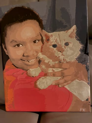 Customer's finished painting from their Custom Paint by Numbers Kit, showing a person holding a fluffy cat.
