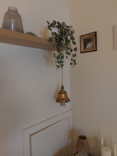 Customer's antique gold Rochelle Hanging Bell hanging indoors from a shelf with a plant as decor.