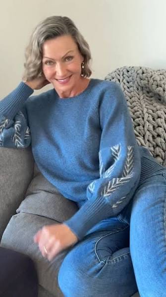 Customer photo review of Arden Merino Wool Blend Jacquard Knit Top in Cerulean Cord