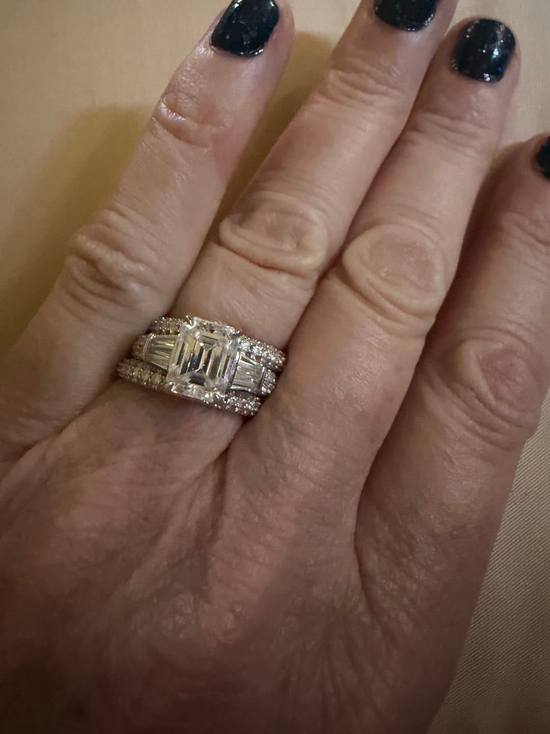Customer photo review of Hidden Halo Emerald-Cut Moissanite Two Row Pavé Engagement Ring