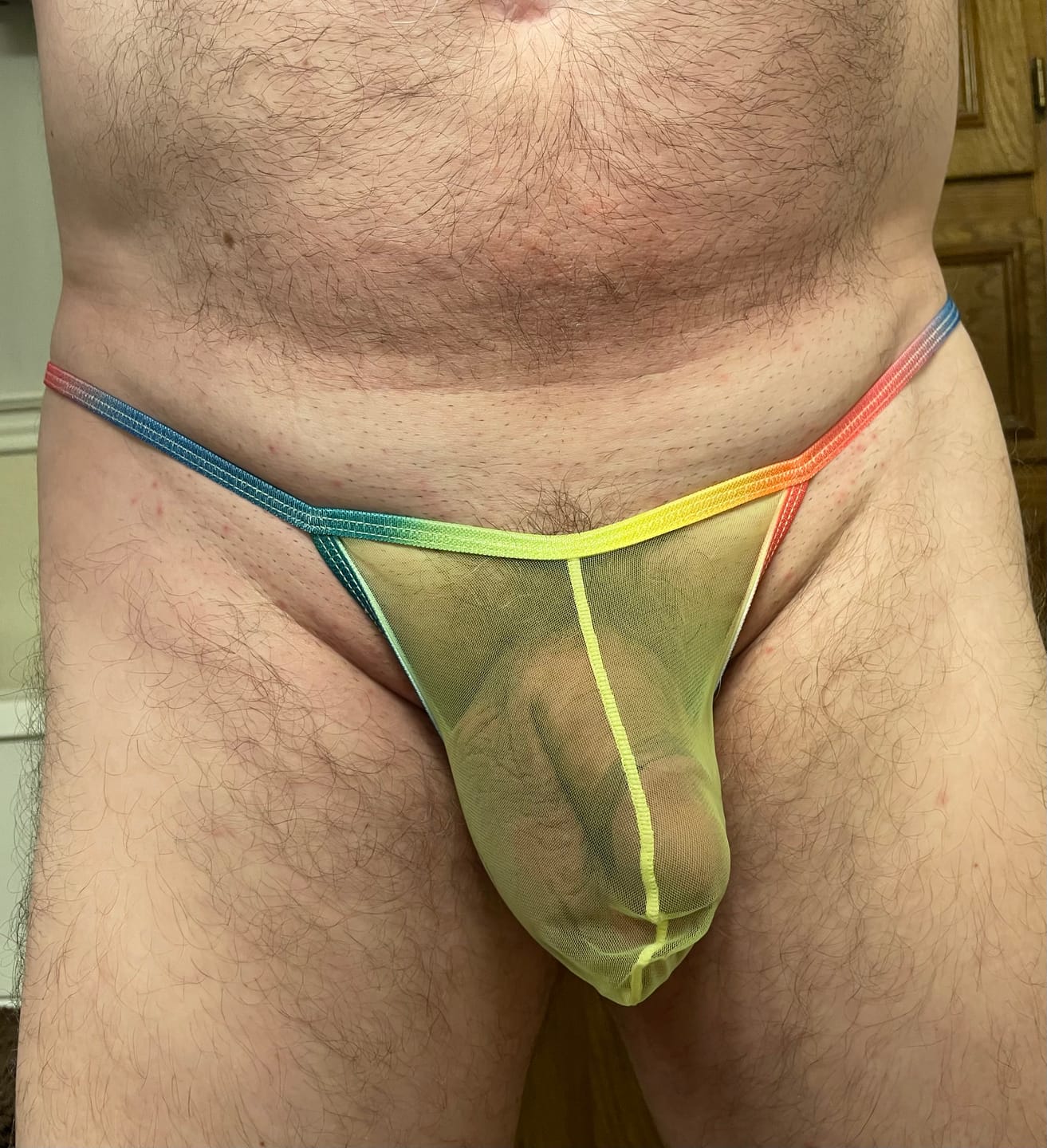 Customer photo review of 3-pack Men's Sexy Rainbow Transparent Convex Pouch Breathable Thong