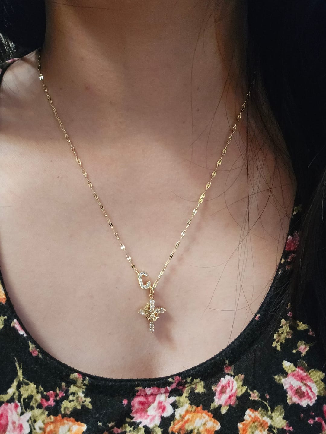 Customer photo review of FREE Today: Golden & Silver-Tone Personalized A-Z Initial Crown Cross Necklace: Custom Sacred Faith Monogram Pendant Jewelry
