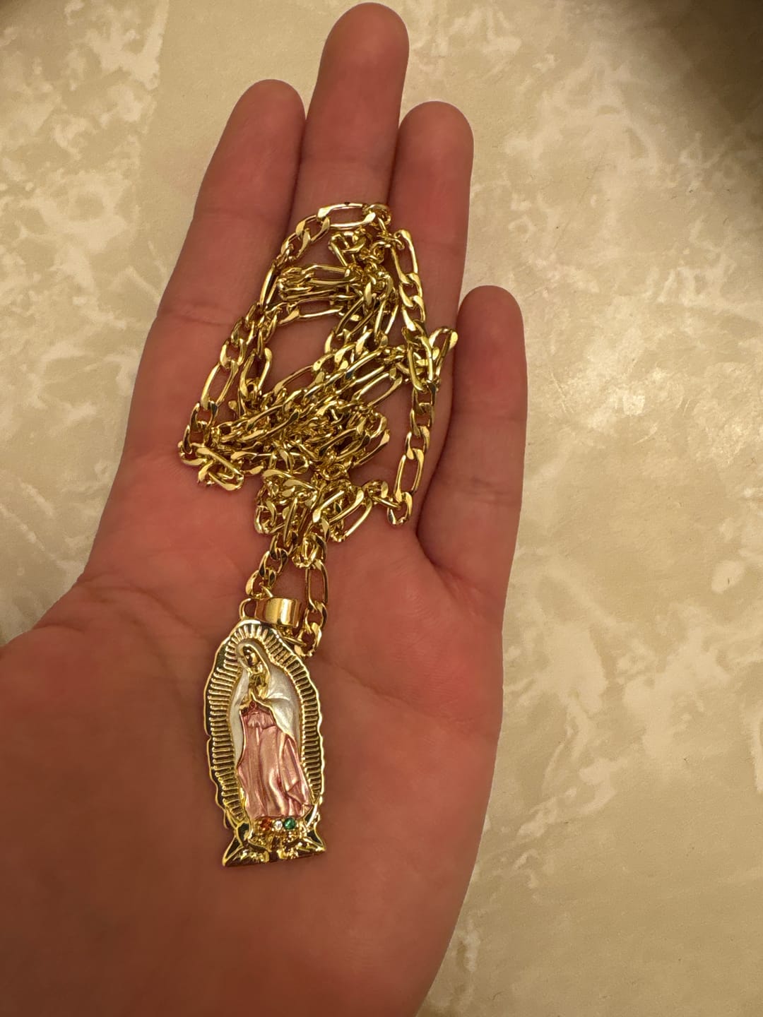 Customer photo review of FREE Today: Elegant Sunburst Border Enamel Virgin Guadalupe Pendant Chunky Figaro Chain
