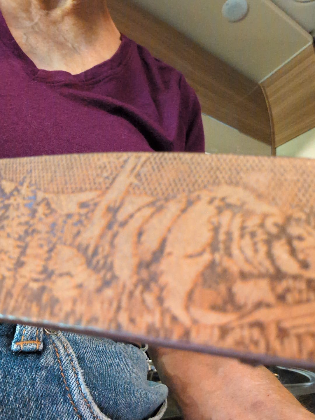 Customer photo review of The Wildlife Belt - Cognac Embossed Full Grain Leather Belt Made in Canada