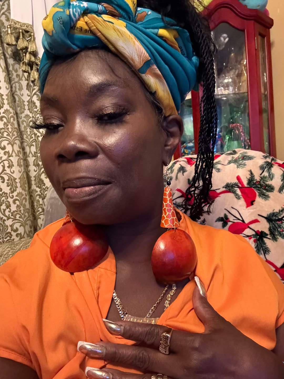Customer photo review of Giraffe Neck Statement Earrings