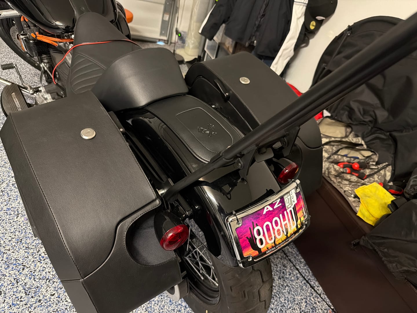 Customer photo review of 32L - Darkin Large Quick Mount Leather Wrapped Hard Saddlebags for Harley Softail Slim FLSL