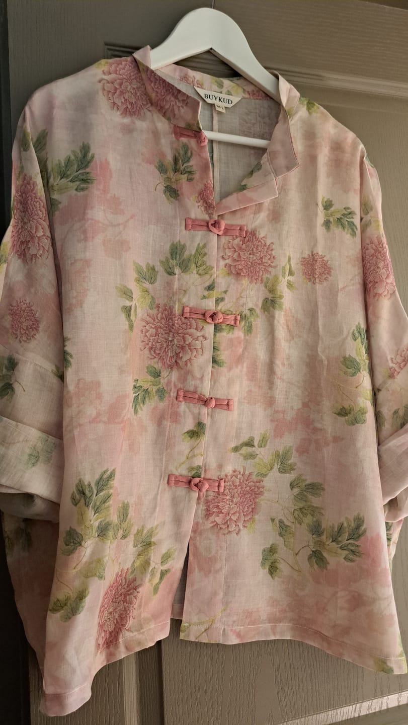 Customer photo review of Plus Size Women Ethnic Spring Flower Stand Collar Ramie Shirt