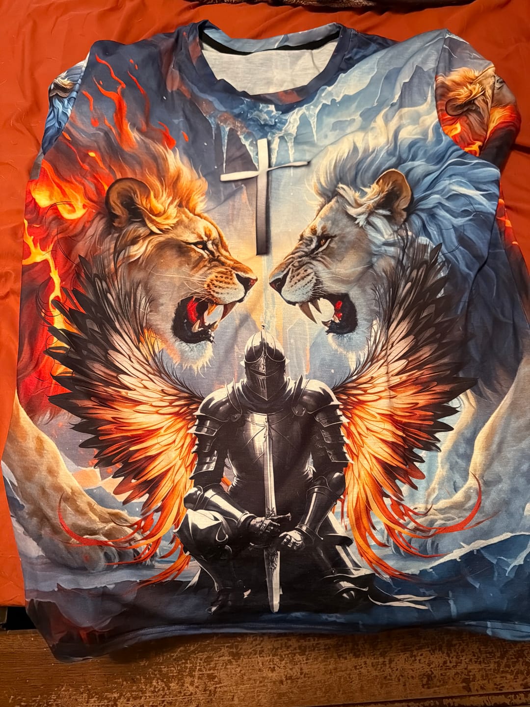 Customer photo review of Warrior Of God, Lion Fire And Lion Ice Christian 3D All Over Print T-Shirt And Hoodie