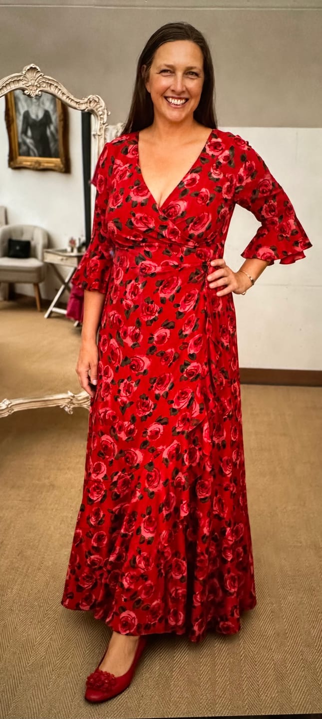 Customer photo review of 'Stevie' Luxe Ruffle Dress in Tahitian Red Rose