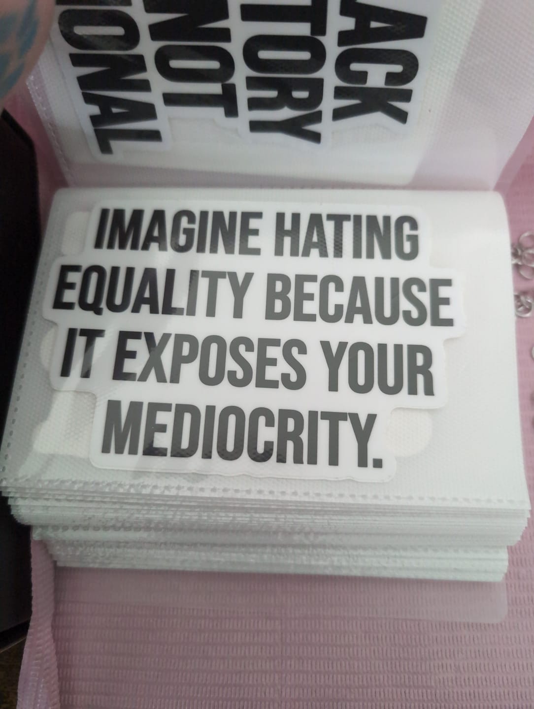 Customer photo review of Imagine Hating *Equality* Because It Exposes Your Mediocrity Black/White Die Cut STICKER